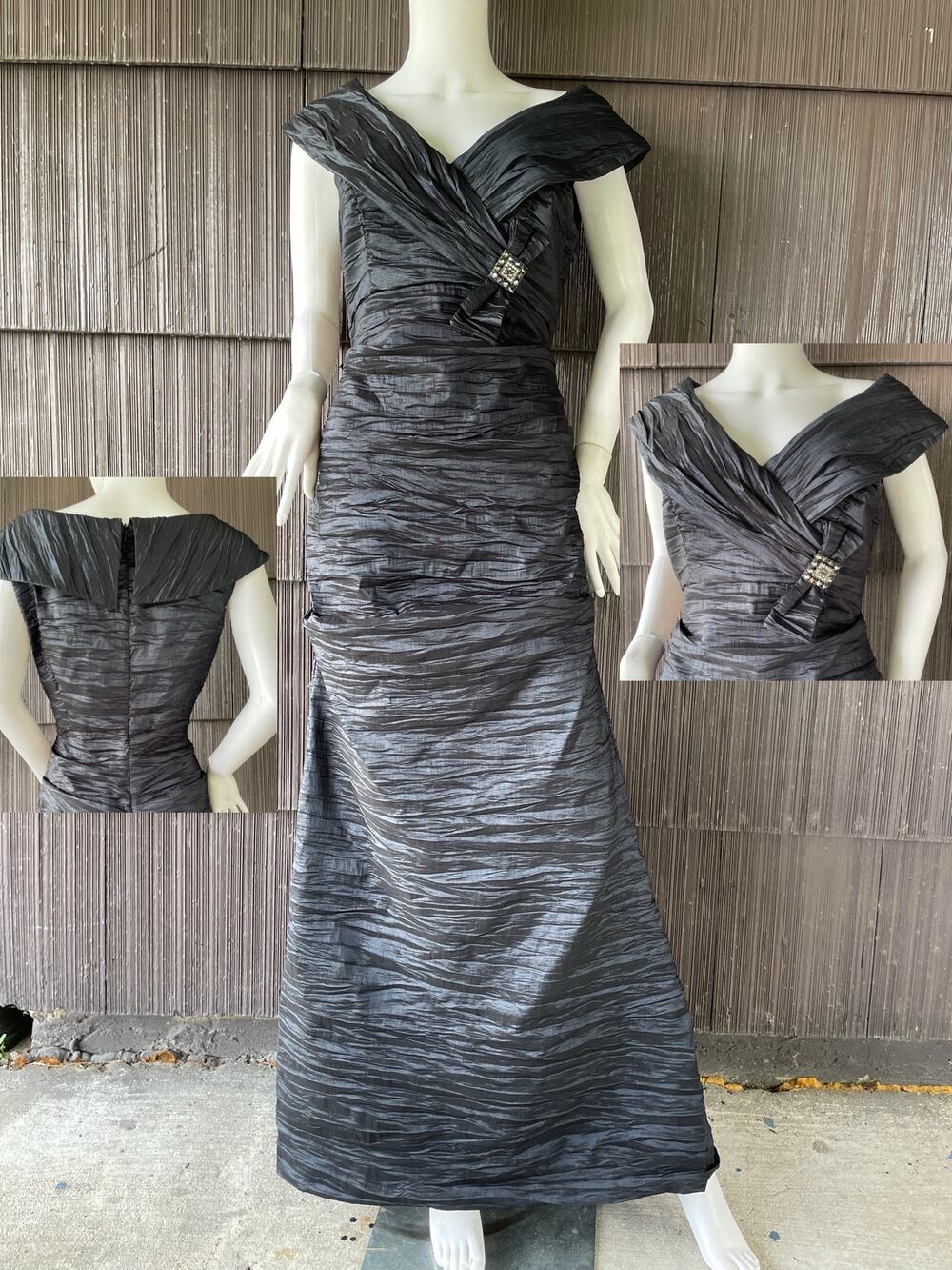 🔥Alex Evenings Crinkle Taffeta Silver Gray Rhinestone Brooch Gown Dark Romantic